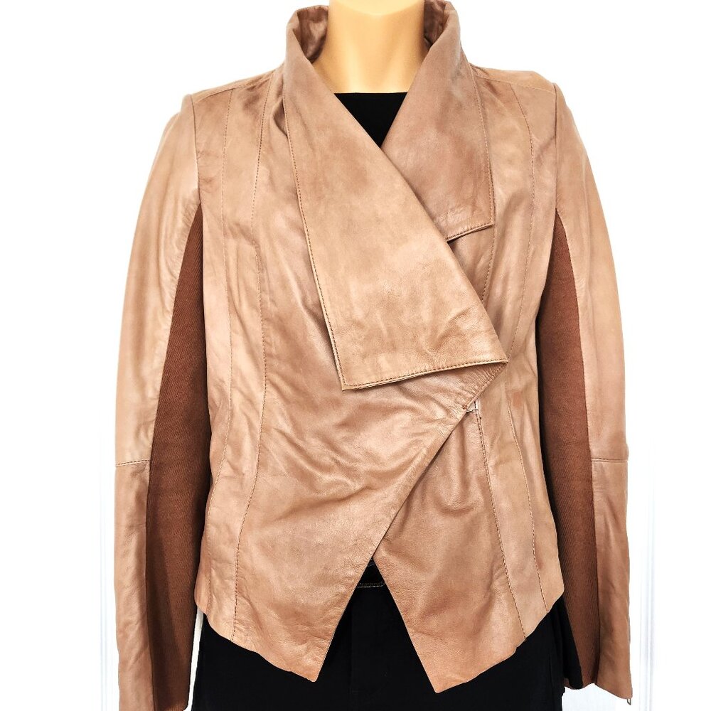 TROUVE SOFT LIGHT BROWN DISTRESSED LEATHER  OPEN COLLAR JACKET SIZE XS